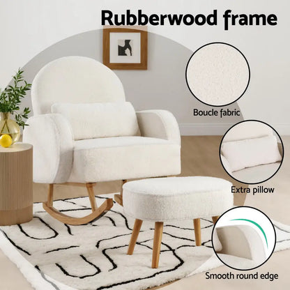 Armchair Rocking Chair Ottoman Lounge Footrest Round Nursing Boucle White