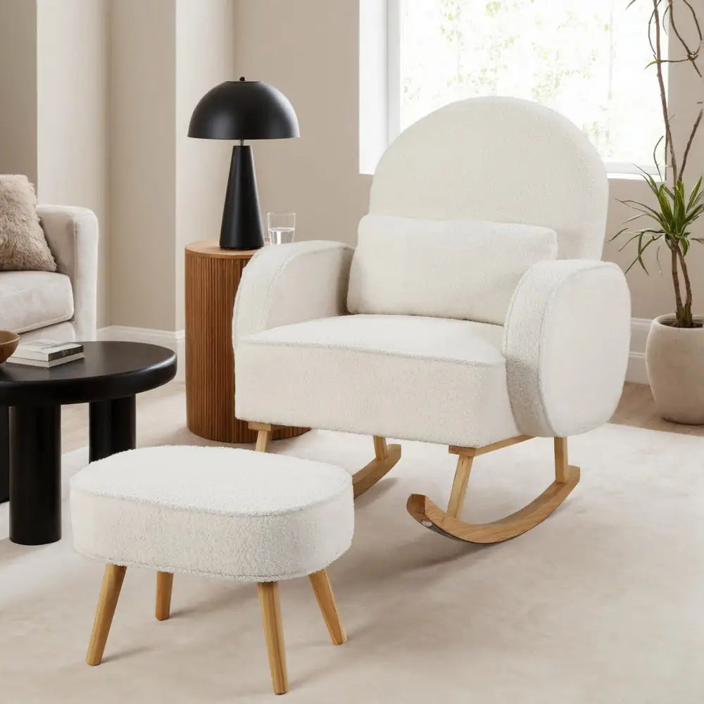 Armchair Rocking Chair Ottoman Lounge Footrest Round Nursing Boucle White