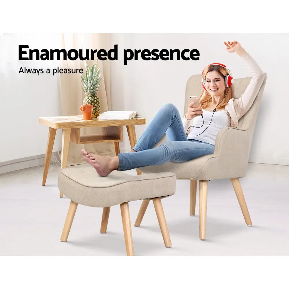 Armchair Set with Ottoman Beige Lansar