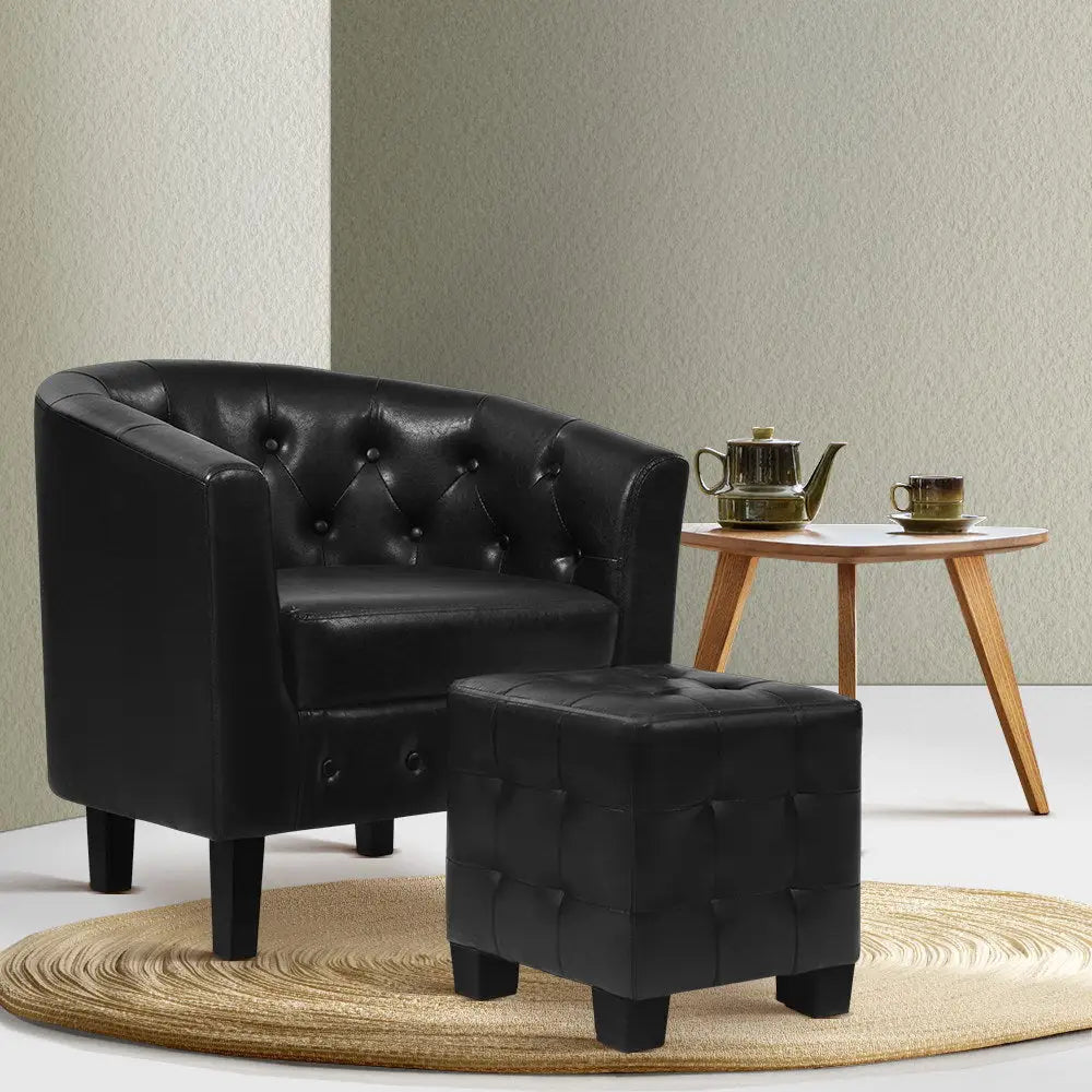 Armchair Set with Ottoman Black Ava