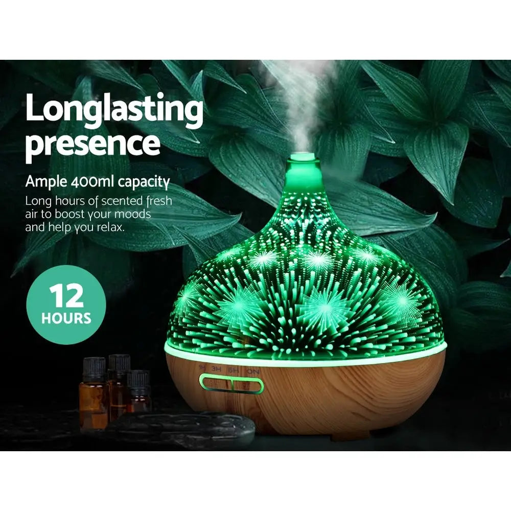 Aroma Diffuser Aromatherapy 3d Glass 400ml | Green Led-lit Aromatherapy Diffuser Wooden