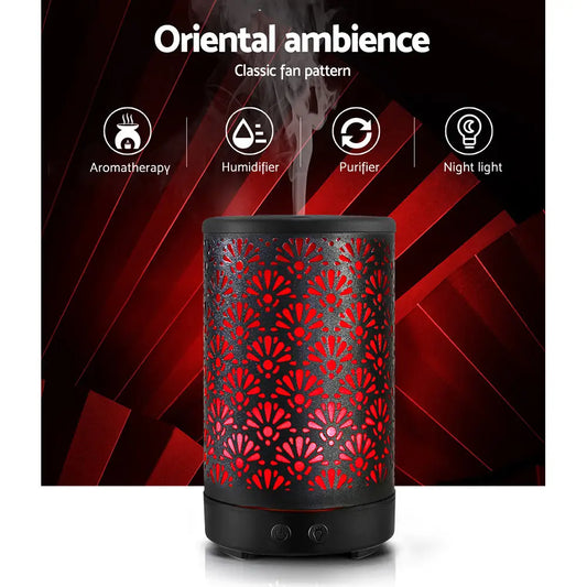 Aroma Diffuser Aromatherapy Black 100ml | Black Cylindrical Diffuser Intricate Red