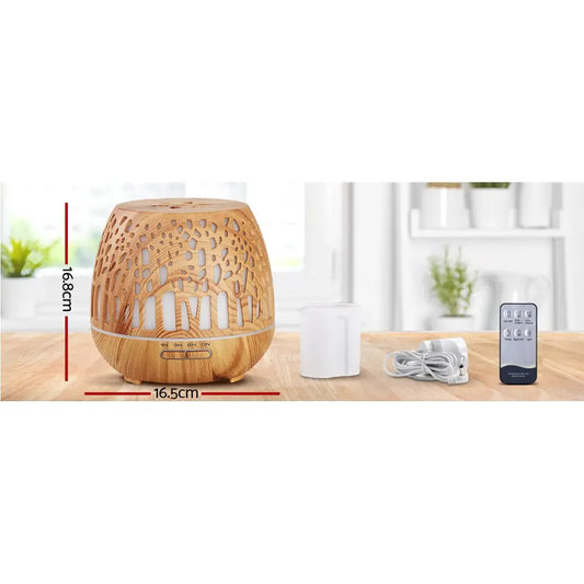 Aroma Diffuser Aromatherapy Wood Grain 400ml | Wooden Aromatherapy Diffuser Intricate Leaf-patterned