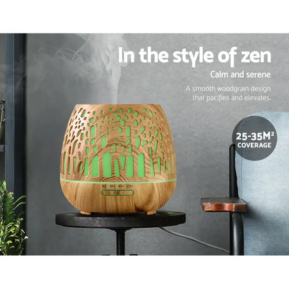 Aroma Diffuser Aromatherapy Wood Grain 400ml | Wooden Diffuser Smooth Light Brown