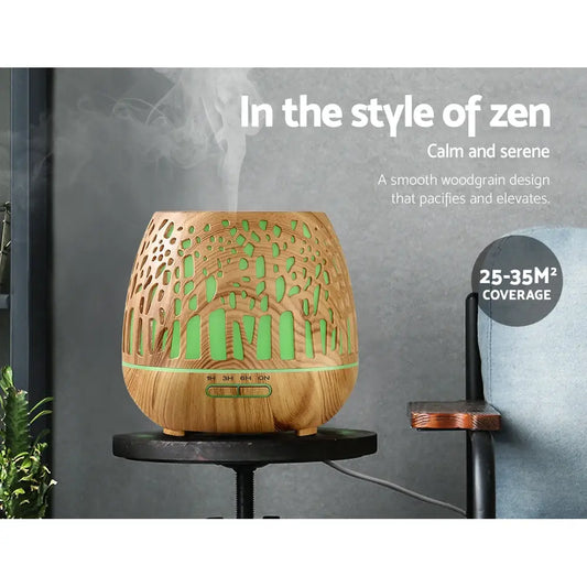 Aroma Diffuser Aromatherapy Wood Grain 400ml | Wooden Diffuser Smooth Light Brown