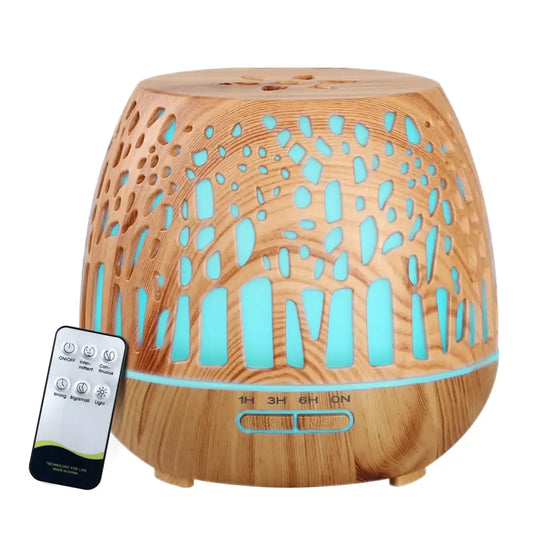 Aroma Diffuser Aromatherapy Wood Grain 400ml | Wooden-patterned Diffuser Turquoise Led Lighting