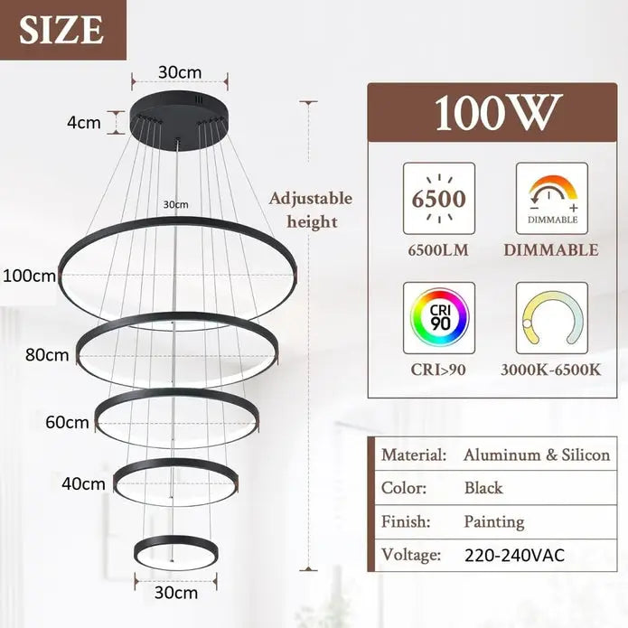 Bamdecor A18801 Modern Led Chandelier Dimmable Pendant Light with Remote Control Rings Round Ceiling Lighting Fixture 3