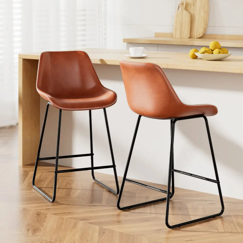 Bar Stools Kitchen Counter Barstools Leather Metal Chairs Brown X2