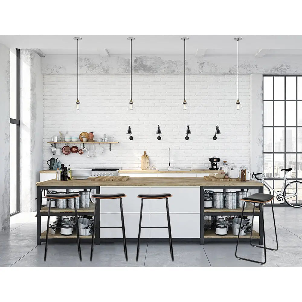 Wood with black seat set of 2 metal frame kitchen counter stools - Seat width 40cm; leg footprint 43cm x 43cm; overall height 76cm