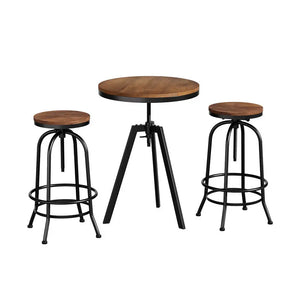 Dark brown top, Black base bar table and 2 stools set - industrial elm - Table: 59.5cm diameter x 67-86cm height, base 55cm; Stool