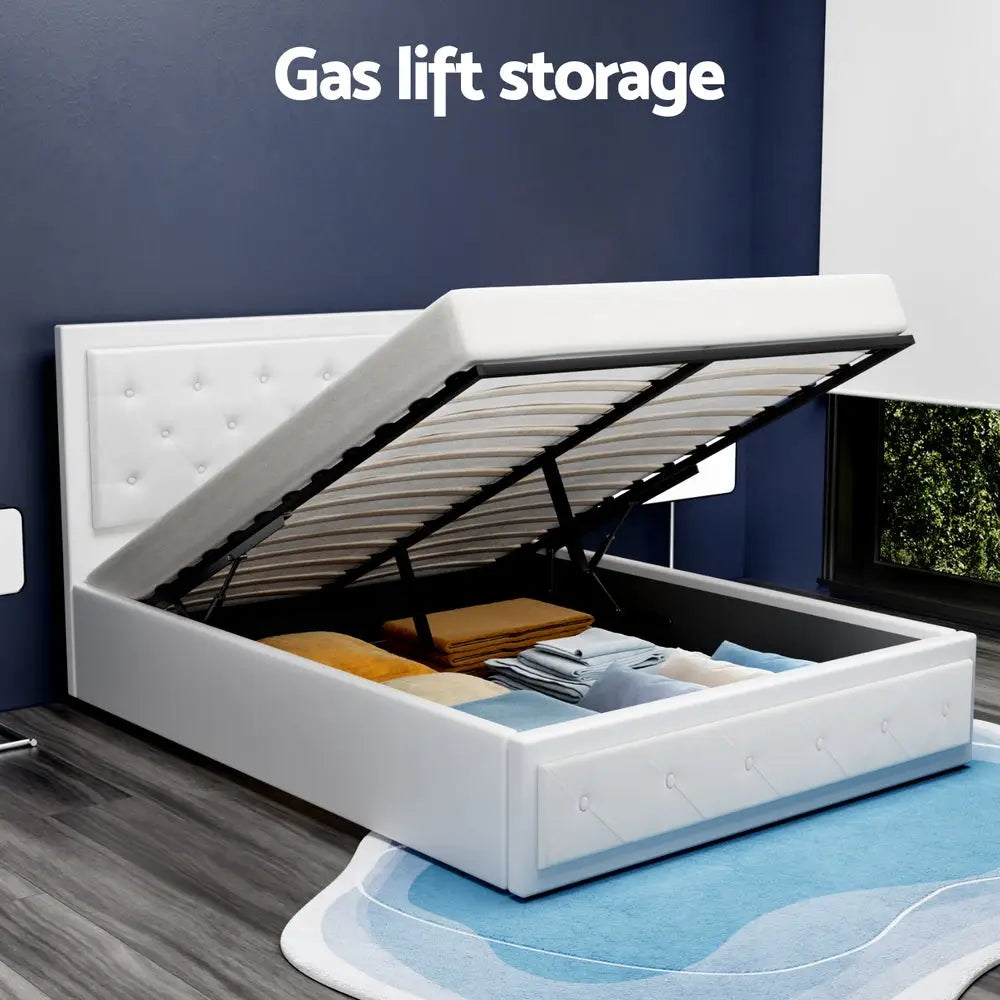 Bed Frame Double Size Gas Lift White Tiyo