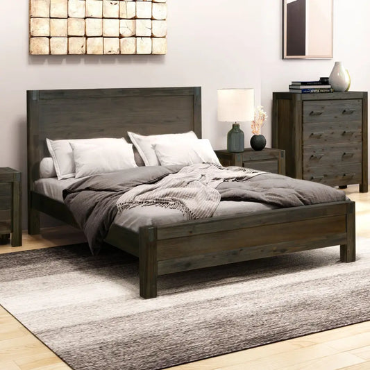 Bed Frame Double Size in Solid Wood Veneered Acacia Bedroom Timber Slat Chocolate