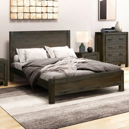 Bed Frame Double Size in Solid Wood Veneered Acacia Bedroom Timber Slat Chocolate