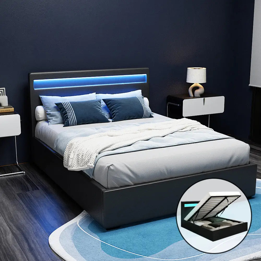 Bed Frame Double Size Led Gas Lift Black Cole