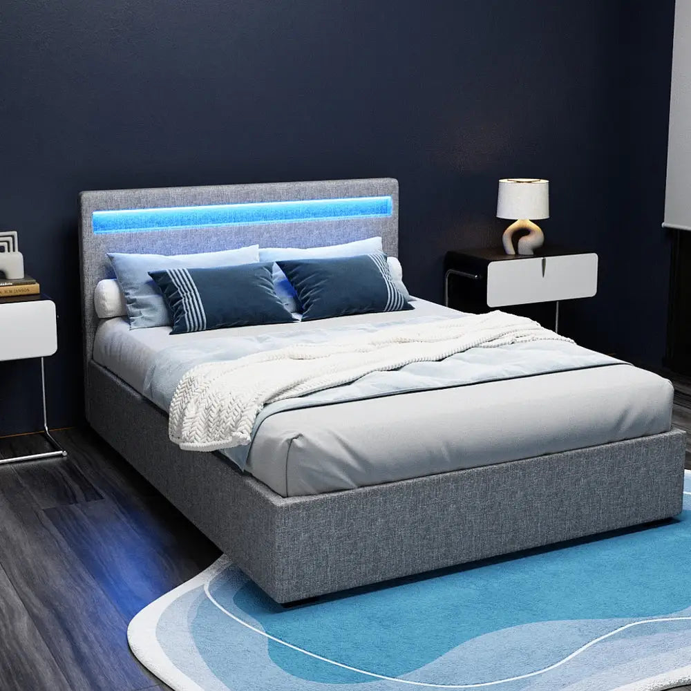 Bed Frame Double Size Led Gas Lift Grey Cole