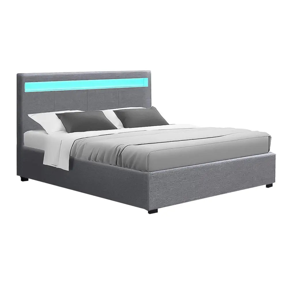 Bed Frame Double Size Led Gas Lift Grey Cole