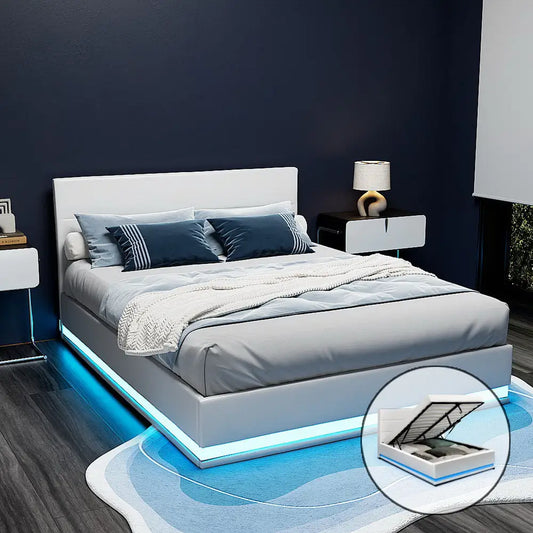 Bed Frame Double Size Led Gas Lift White Lumi