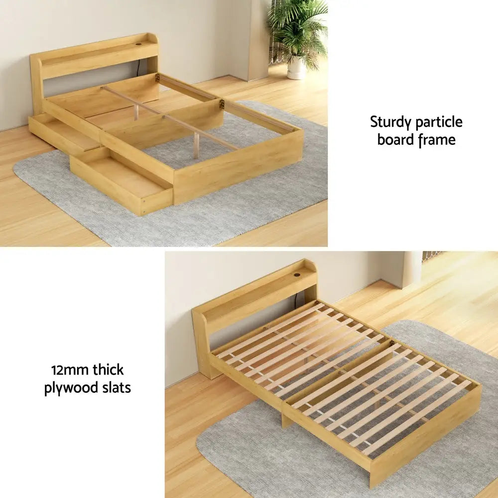Bed Frame Double Size with Charging Ports and 2 Drawers Aura