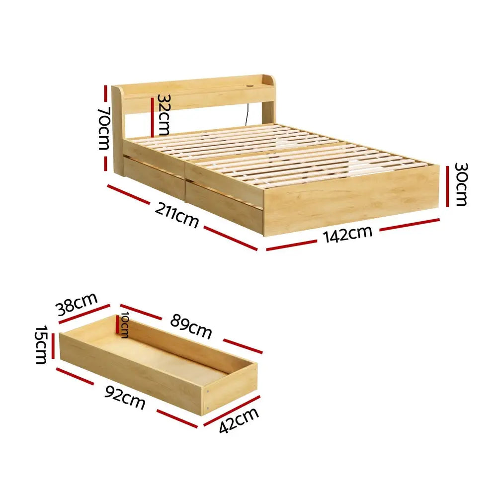 Bed Frame Double Size with Charging Ports and 2 Drawers Aura