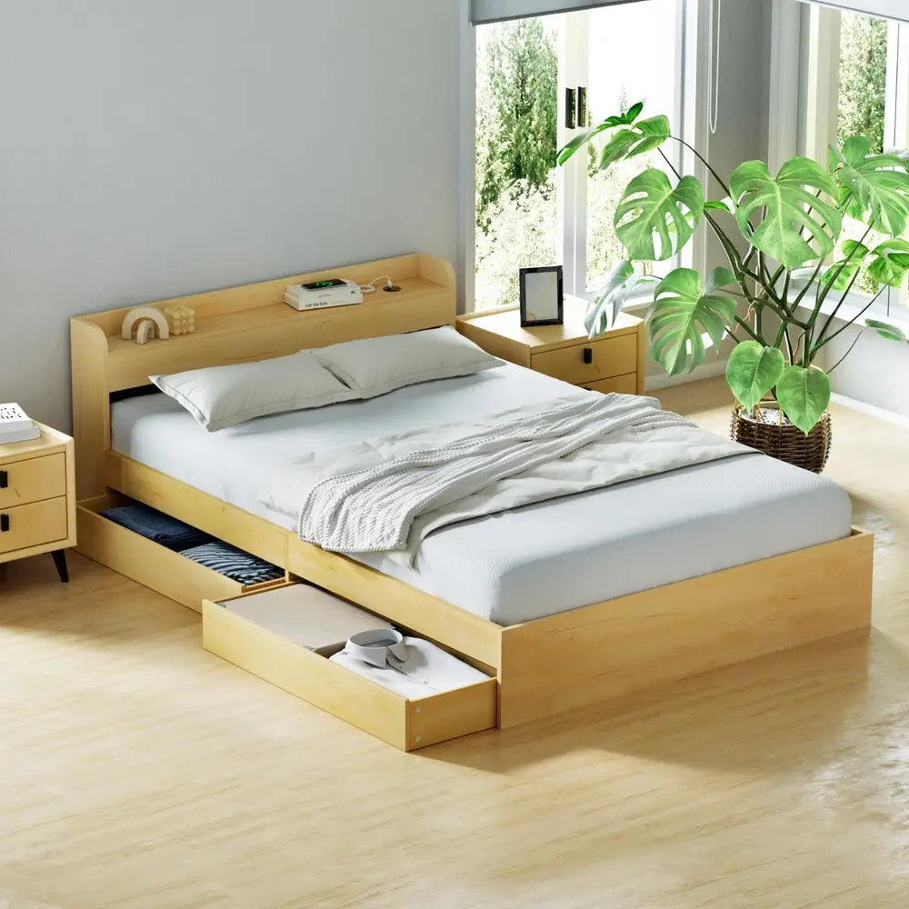 Bed Frame Double Size with Charging Ports and 2 Drawers Aura