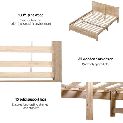 Bed Frame Double Size Wooden Acacia Wood Oatmeal