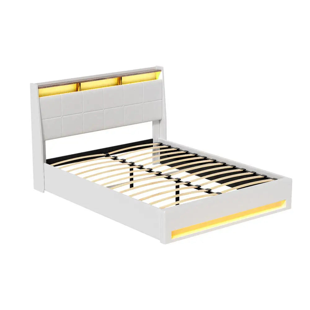 Bed Frame Gas Lift Led Beds Base Platform White Pvc Leather Storage Headboard - Double