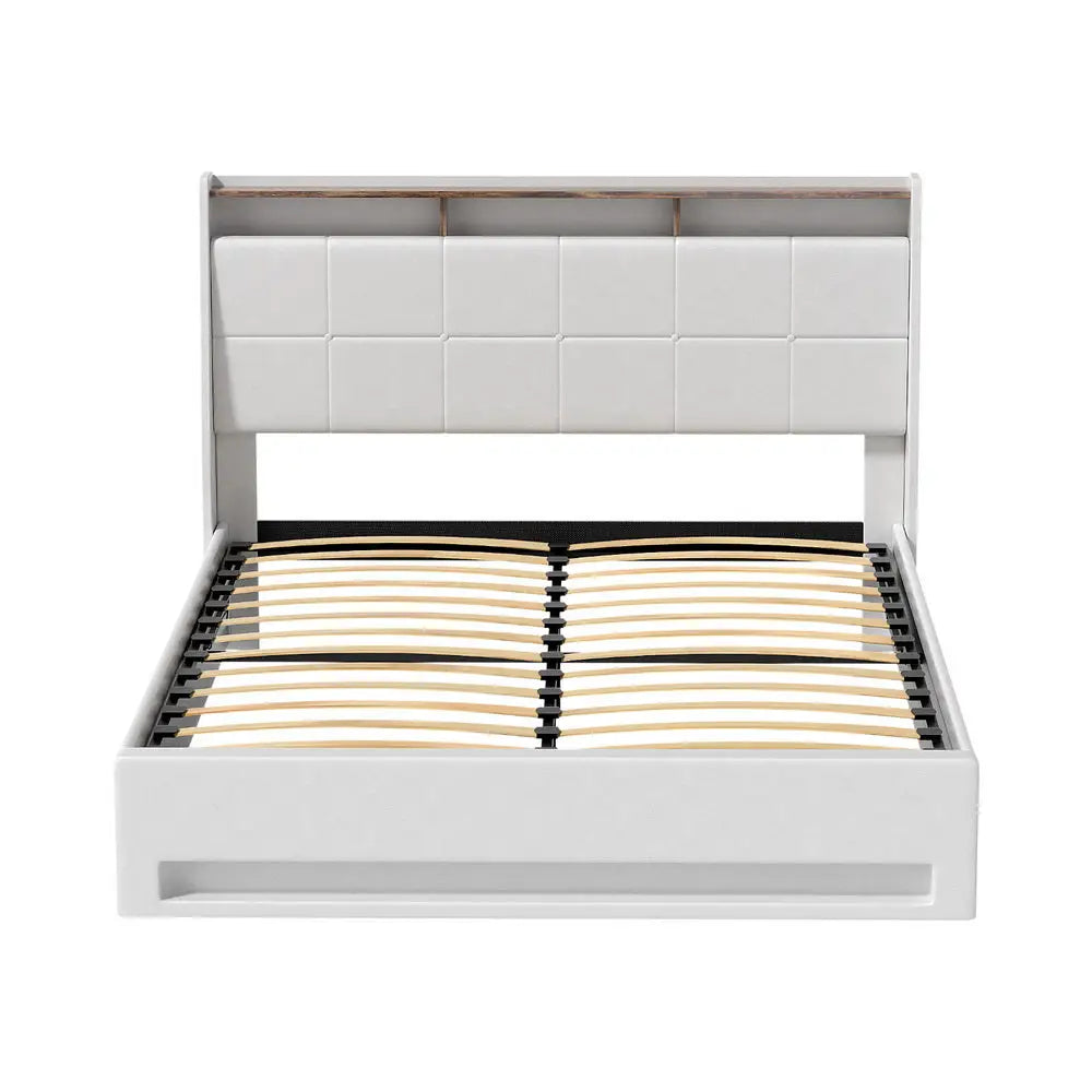 Bed Frame Gas Lift Led Beds Base Platform White Pvc Leather Storage Headboard - Queen