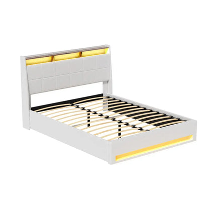 Bed Frame Gas Lift Led Beds Base Platform White Pvc Leather Storage Headboard - Queen