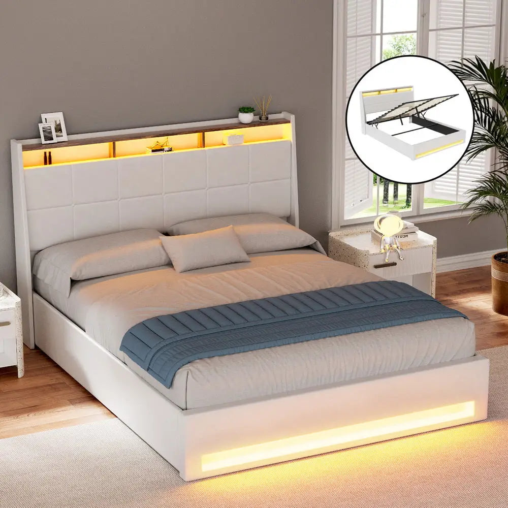 Bed Frame Gas Lift Led Beds Base Platform White Pvc Leather Storage Headboard - Queen