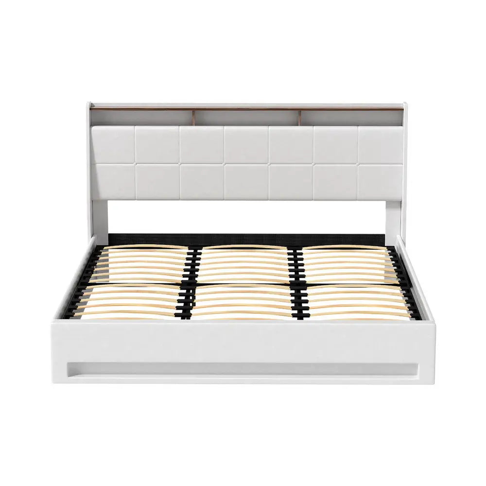 Bed Frame Gas Lift Led Beds Base Platform White Pvc Leather Storage Headboard - King