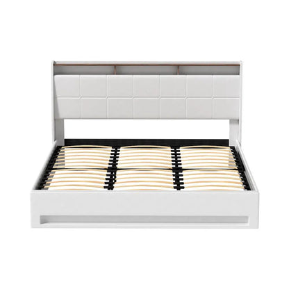 Bed Frame Gas Lift Led Beds Base Platform White Pvc Leather Storage Headboard - King