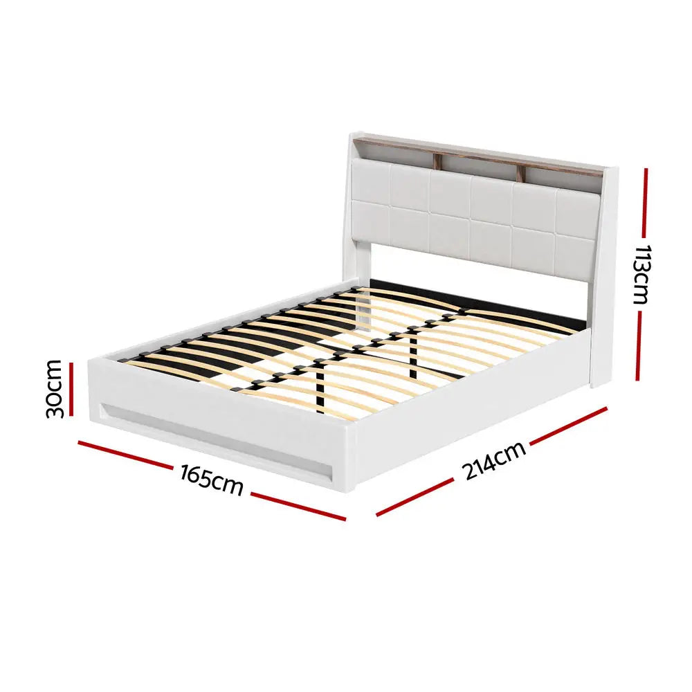 Bed Frame Gas Lift Led Beds Base Platform White Pvc Leather Storage Headboard - Queen