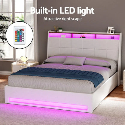 Bed Frame Gas Lift Led Beds Base Platform White Pvc Leather Storage Headboard - Queen
