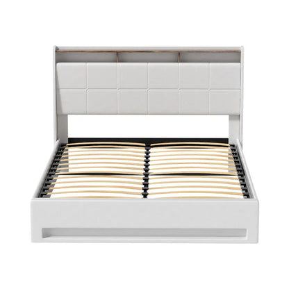 Bed Frame Gas Lift Led Beds Base Platform White Pvc Leather Storage Headboard - Queen