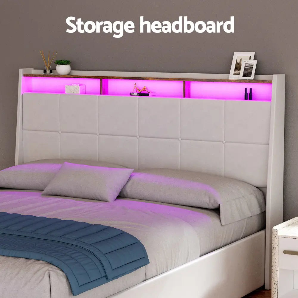 Bed Frame Gas Lift Led Beds Base Platform White Pvc Leather Storage Headboard - Queen