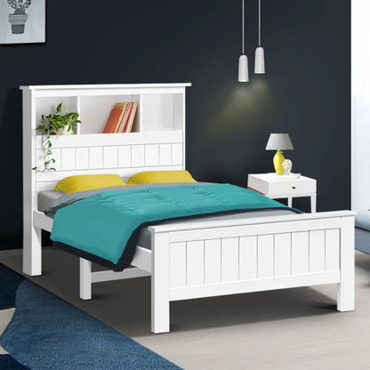 Bed Frame King Single Size Wooden with 3 Shelves Head White