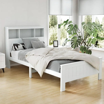 Bed Frame King Single Size Wooden with 3 Shelves Head White