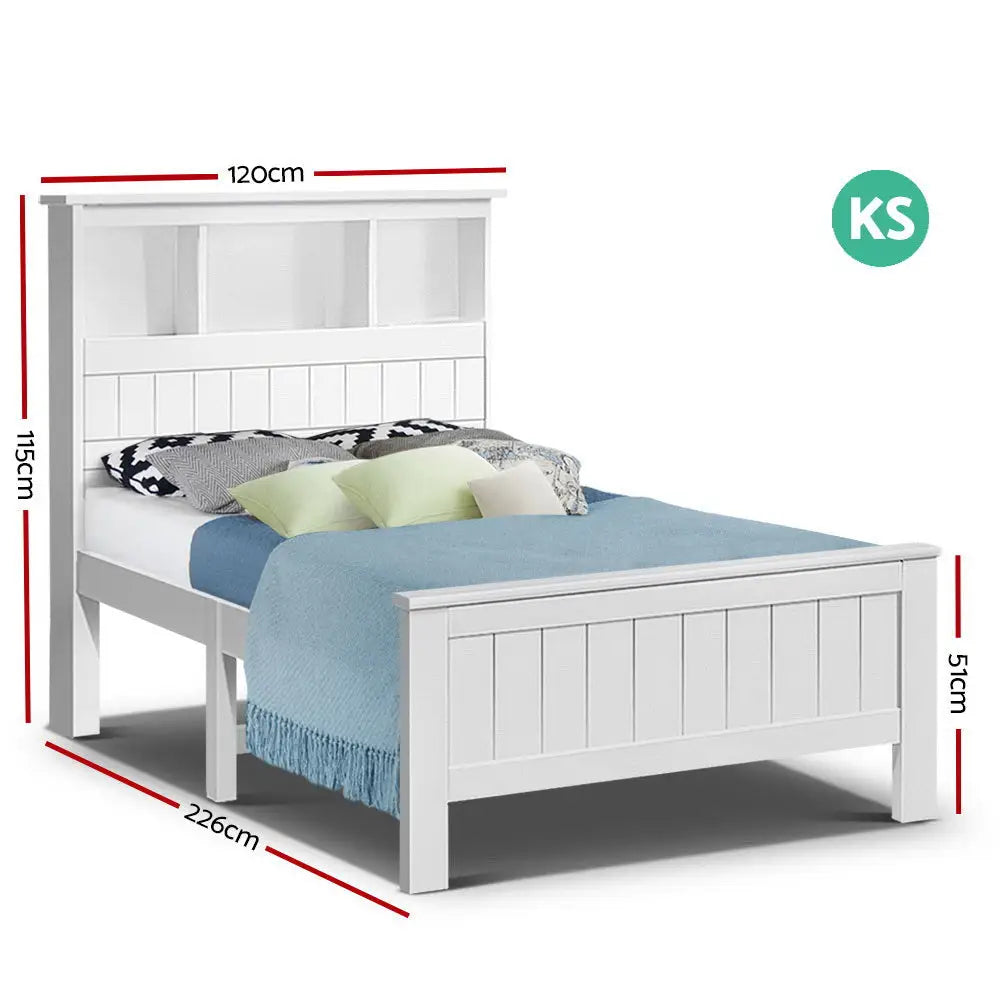 Bed Frame King Single Size Wooden with 3 Shelves Head White
