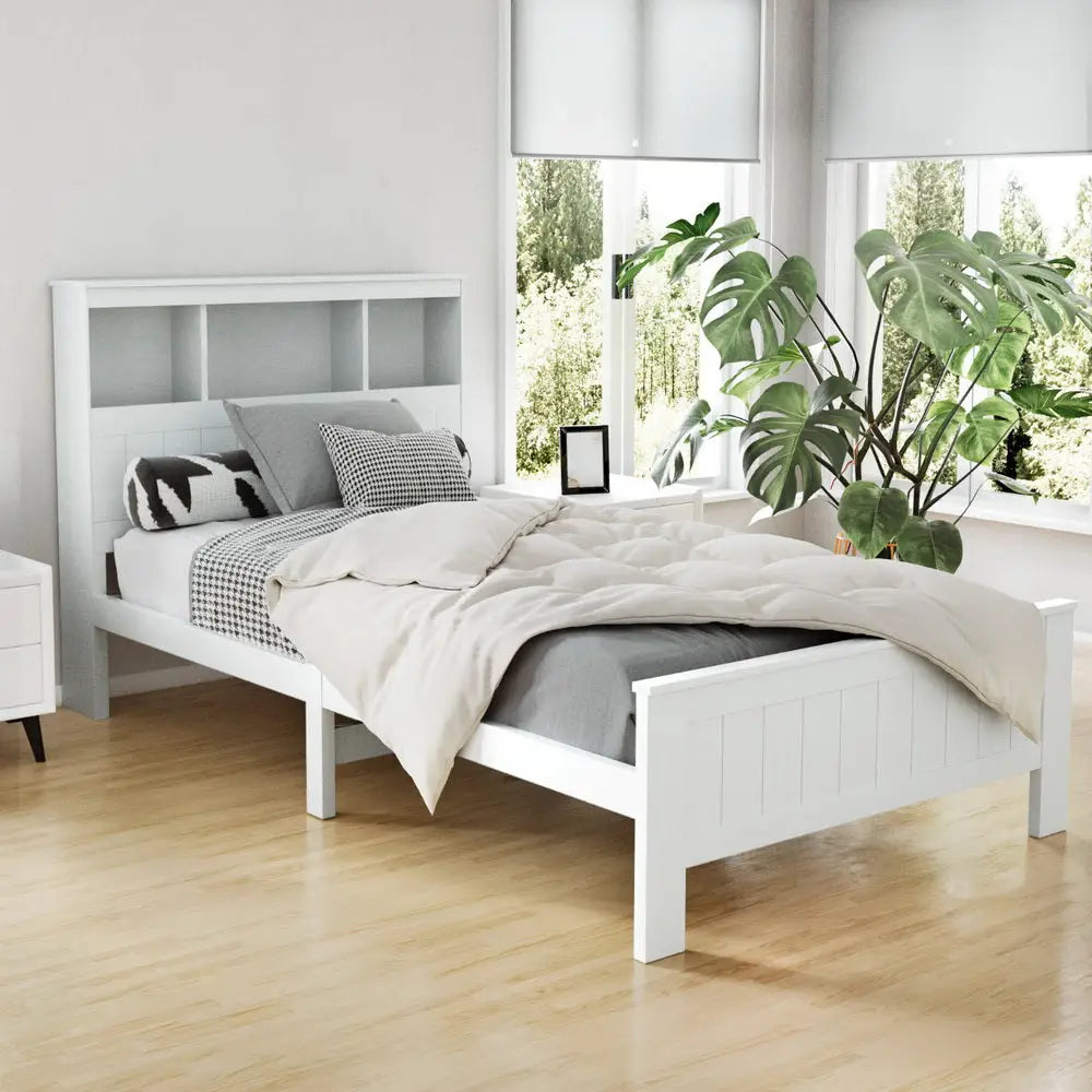 Bed Frame King Single Size Wooden with 3 Shelves Head White