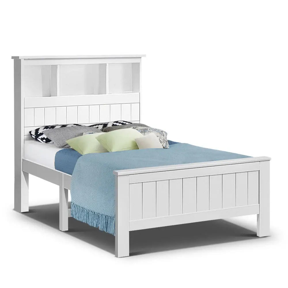 Bed Frame King Single Size Wooden with 3 Shelves Head White