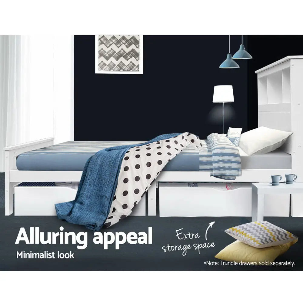 Bed Frame King Single Size Wooden with 3 Shelves Head White