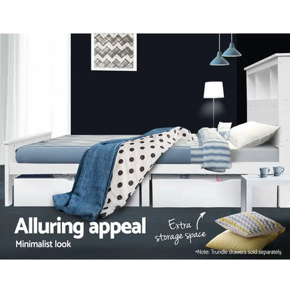 Bed Frame King Single Size Wooden with 3 Shelves Head White