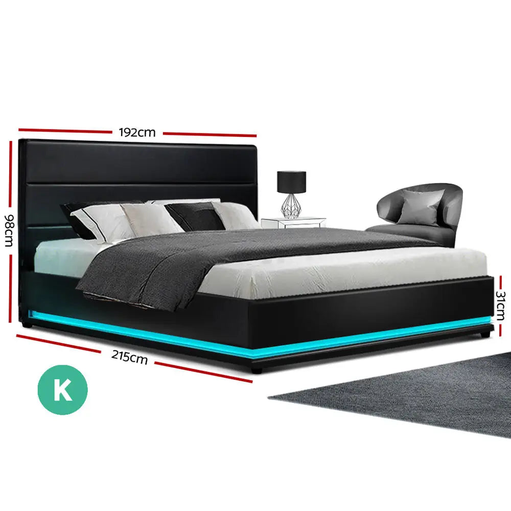 Bed Frame King Size Led Gas Lift Black Lumi