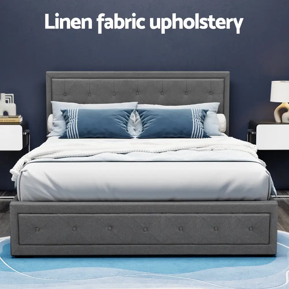 Bed Frame Queen Size Gas Lift Grey Tiyo