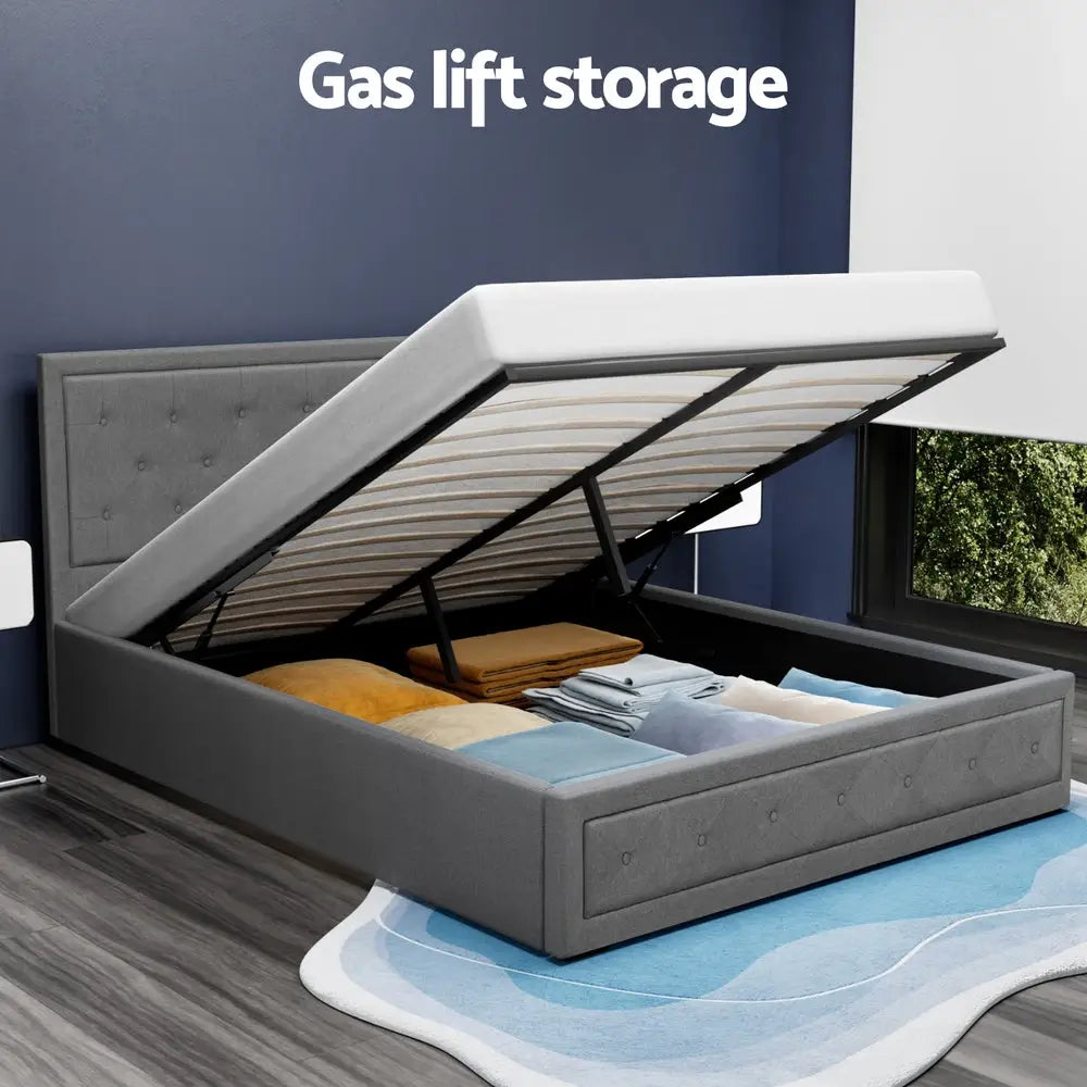 Bed Frame Queen Size Gas Lift Grey Tiyo