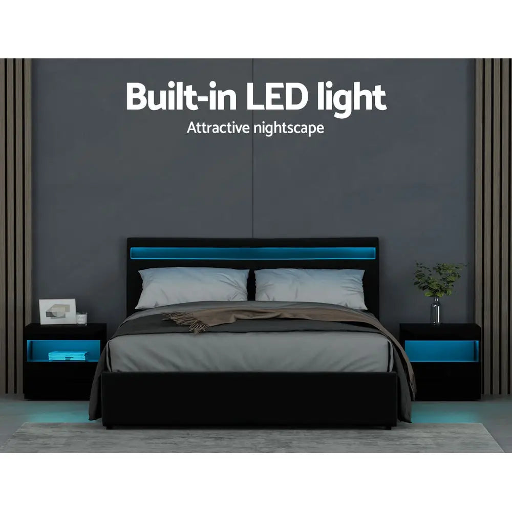 Bed Frame Queen Size Led Gas Lift Black Cole
