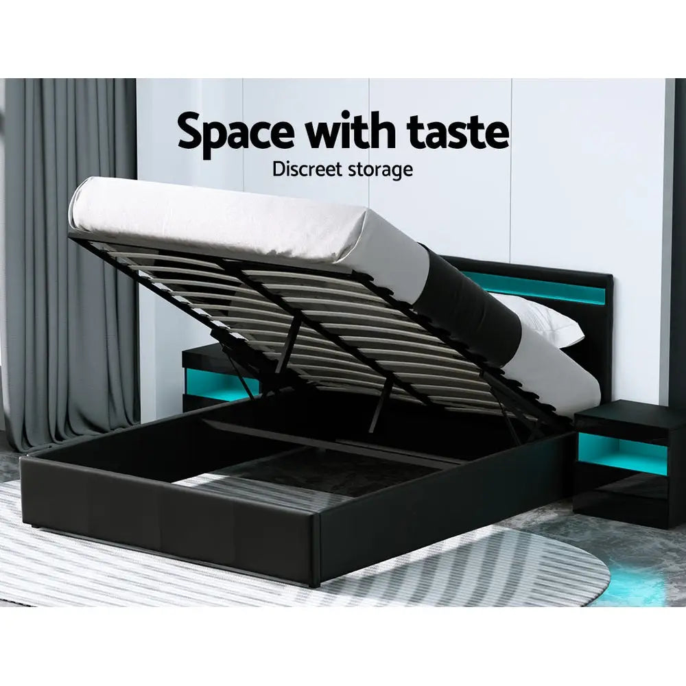 Bed Frame Queen Size Led Gas Lift Black Cole