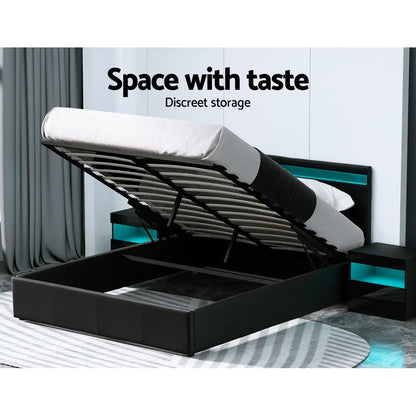 Bed Frame Queen Size Led Gas Lift Black Cole