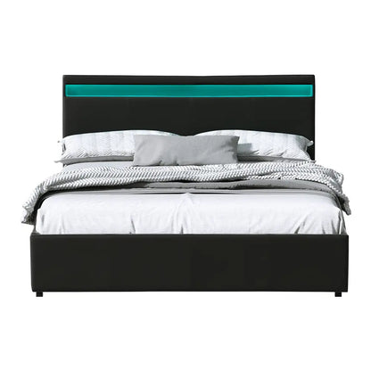 Bed Frame Queen Size Led Gas Lift Black Cole