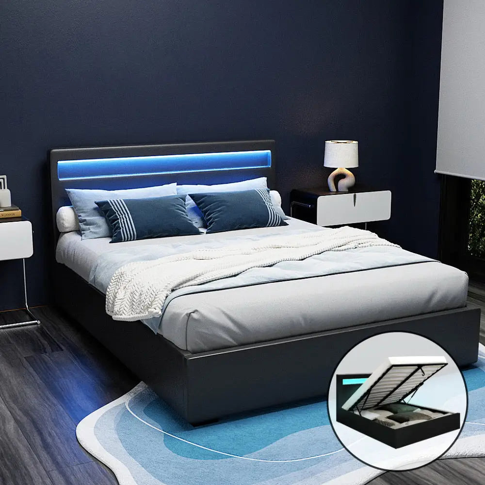 Bed Frame Queen Size Led Gas Lift Black Cole